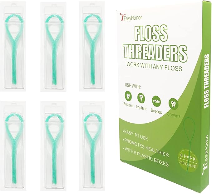 EasyHonor Dental Floss Threaders for Braces, Bridges, and Implants,Green, 210 Count (6 Pack)