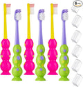 Kids Toothbrush 6 Pack - Soft Contoured Bristles - Child Sized Brush Heads (3-10 Year Old) - Suction Cup for Fun & Easy Storage - Girl & Boy Set (6-Pack, Green & Pink)