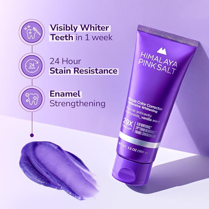 HIMALAYA PINKSALT Purple Whitening Toothpaste - Teeth Whitening, Deep Stain Remover with Fluoride, Plaque Remover, Appropriate for Sensitive Teeth, Peroxide Free - Vanilla Mint, 3.5 oz (3 Packs)