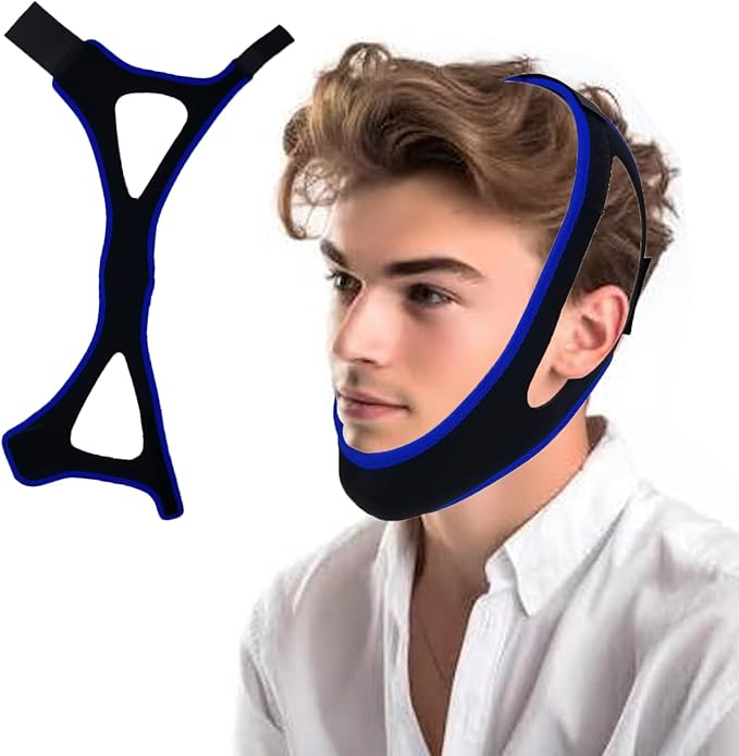 Anti Snore Chin Strap, Chin Strap for Snoring, Chin Strap for Sleeping, CPAP Chin Strap to Keep Mouth Closed While Sleeping, Adjustable & Breathable Chin Strap for CPAP User (Blue)
