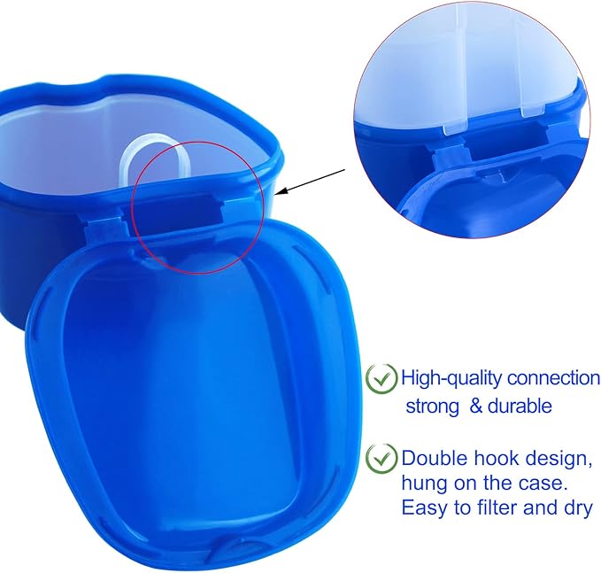 Dental Retainer Cup Holder Mouthguard Cleaning Case with Strainer Basket, Denture Bath Box Storage Cup Holder for Travel Cleaning - Dark Blue