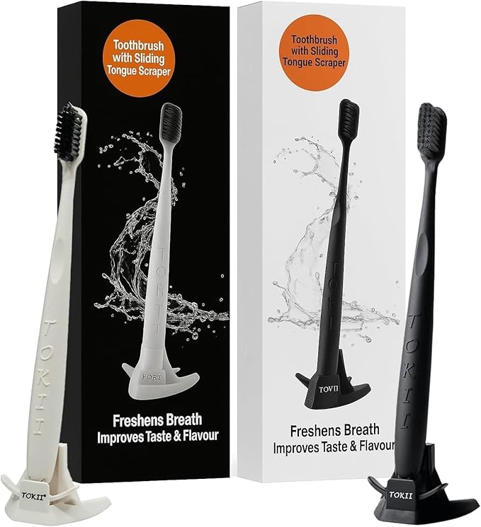 TOKII Tongue Scraper Cleaner Charcoal Bristles Toothbrush for Bad Breath with Waterproof Pouch for Travel, Hygienic Stand and Enviromentally Friendly Black & White, 1 Count (Pack of 4)
