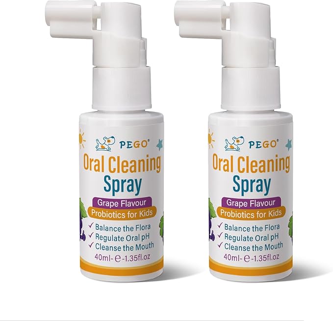 PEGO Kids Oral Spray, Toddler Toothpaste Helper for Daily Oral Care and Fresh Breath, Children Approved with Fluoride Free for Newborn to Preschoolers, Xylitol (40ml*2, Grape)