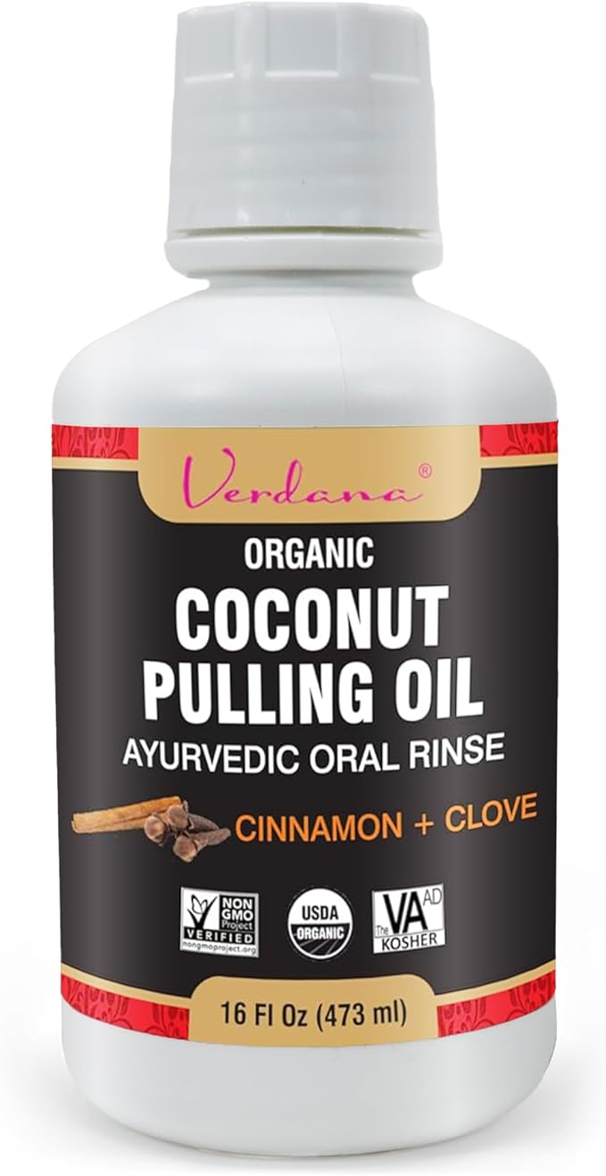 Verdana Organic Oil Pulling Mouthwash – 16 oz Cinnamon & Clove – USDA Organic Coconut Oil Rinse for Teeth & Gums – Alcohol-Free, Fluoride-Free Natural Mouthwash for Fresh Breath & Gum Health