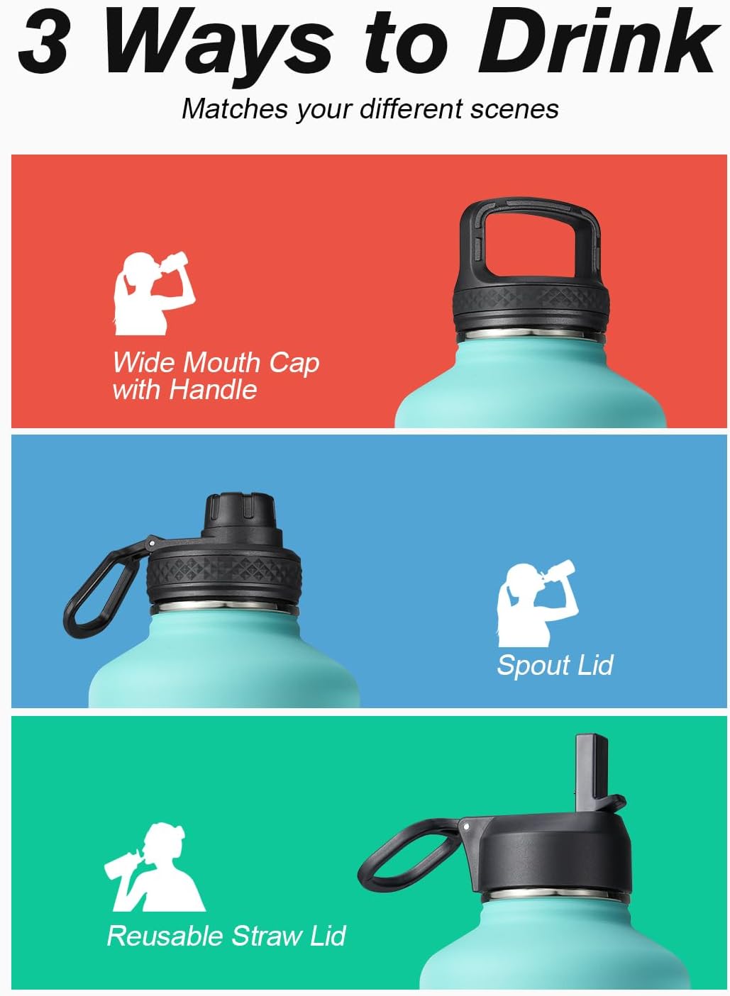 Insulated Water Bottle 64 oz with Straw & 3 Lids, Coolflask Half Gallon Water Jug Large Metal Stainless Steel Wide Mouth for Sports, Gym or Office, Non-BPA Keep Cold 48H Hot 24H, Pacific Prince