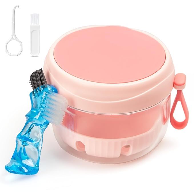 Denture Case, Leak Proof Denture Bath Cup for Travel, Pink Denture Container Cups for Soaking Full & Partial Dentures, Retainers, Mouth Guard with Denture Cleaner Brush, Aligner Removal Tool