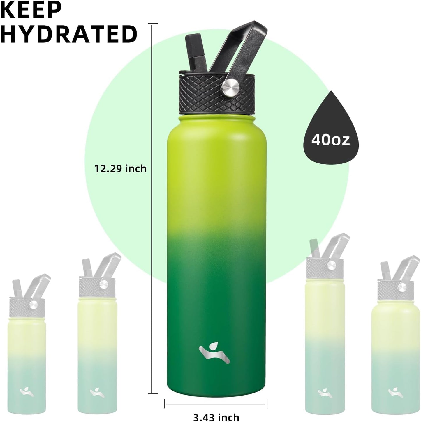 40oz Insulated Water Bottle Stainless Steel Sport Bottles with 3 Lids,Bamboo Grove