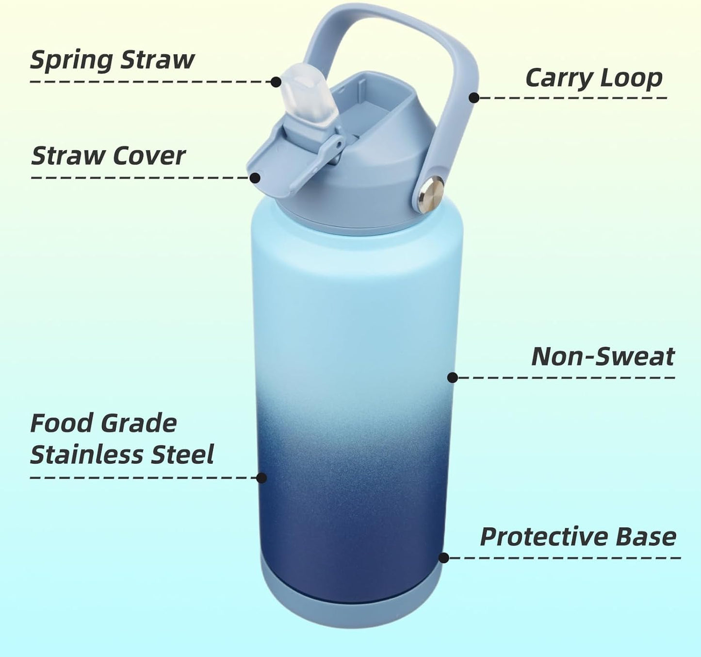 Insulated Water Bottle with Straw Lid,32 oz Stainless Steel Vacuum Metal Bottle with Silicone Handle, Sky