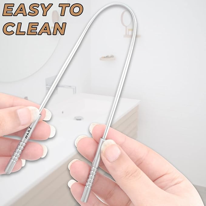 NARZ Tongue Scraper Professional Tongue Cleaner for Bad Breath Reusable Stainless Steel Tongue Scrapers for Oral Care with Dual Carved Handle for Adults & Kids Oral Hygiene 2 Pack