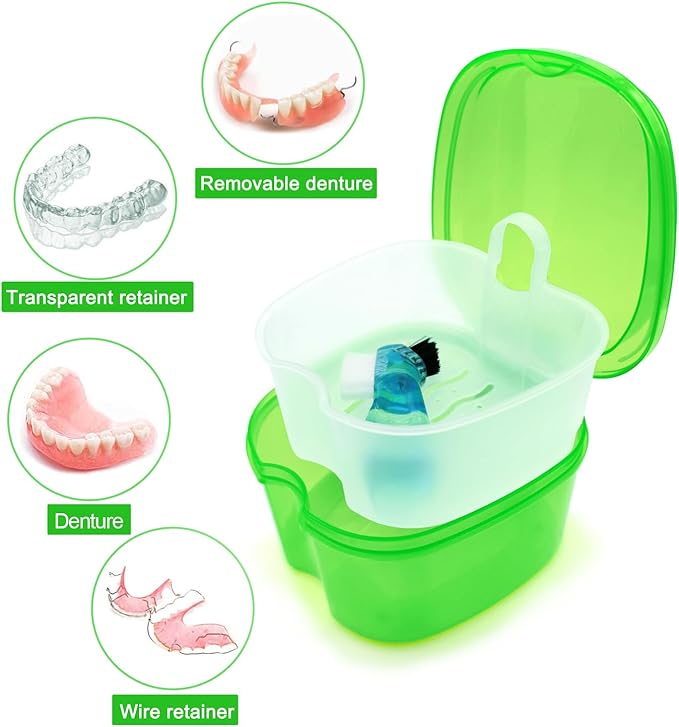Keedolla Denture Cups for Soaking Dentures, Denture Cleaning Case Retainer Container Mouth Guard Bath Box Holder Case with Brush for Night Guard, Gum Shields and Dental Appliances