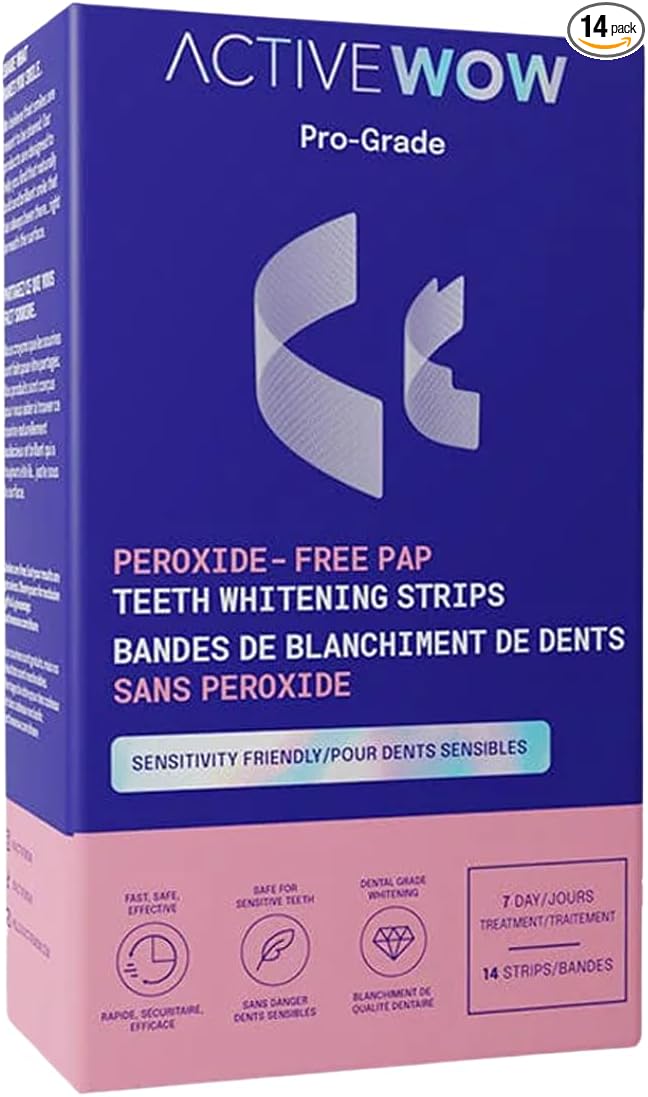Active Wow 24k White Teeth Whitening Strips - Sensitive Teeth Whitening Strips, Peroxide Free Formula, Enamel Safe Teeth Whitening, Teeth Whitening Stain Remover - 7-Day Kit, 14 Whitener Strips