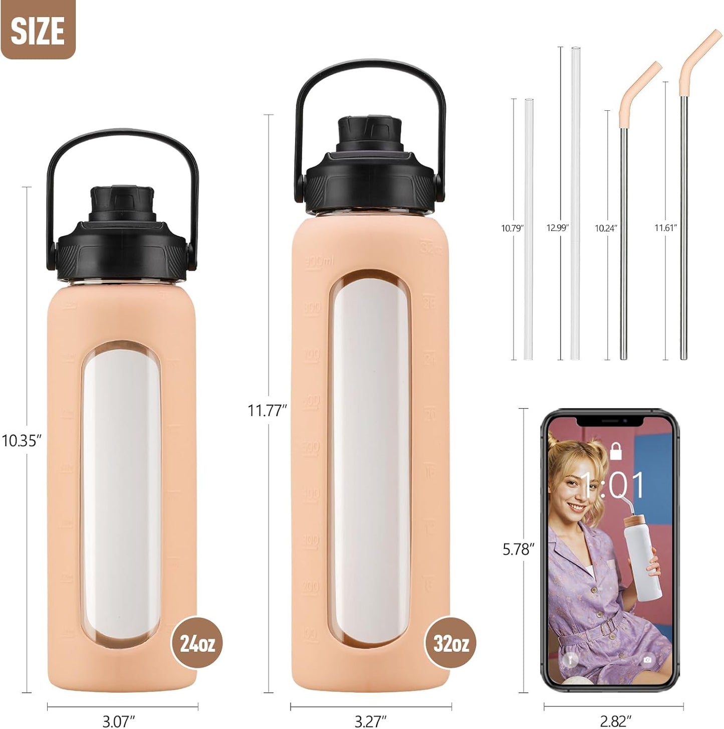 Kodrine Water Bottle with Straw, 24 oz Glass water Bottle with 2 Lids Bamboo Straw Lid and Spout Lid with Handle, 32 oz Clear Water Bottle Glass for Sports Travel, Waterbottle with Time Marker