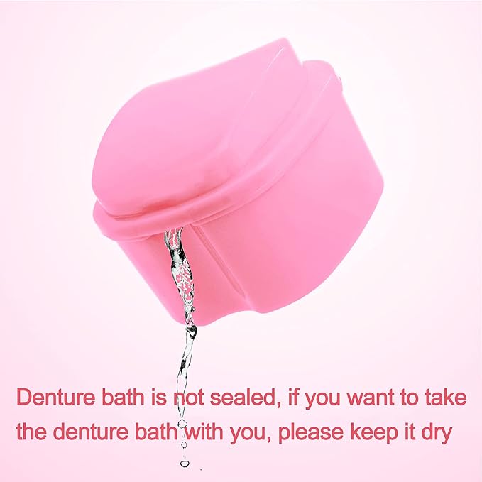 Keedolla Denture Cleaning Case Orthodontic Dental Retainer Container,Denture Holder Case Retainer Soaking Cups for Travel, Camping, Office - Pink