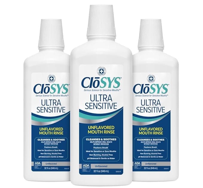 CloSYS Ultra Sensitive Mouthwash, Unflavored Alcohol Free, Dye Free, pH Balanced, Helps Soothe Entire Mouth - 32 Oz (Pack of 3)