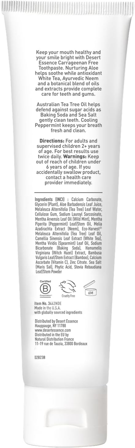 Desert Essence Aloe & Tea Tree Oil Toothpaste - Peppermint - Ideal For Sensitive Teeth & Gums - Complete Oral Care - Aloe - Tea Tree Oil - Baking Soda - Refreshes Breathe - Carrageenan Free