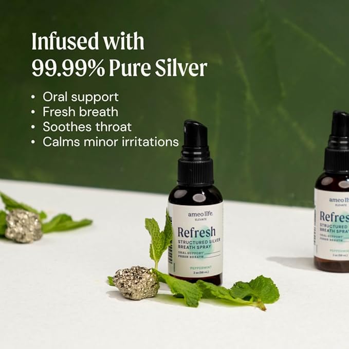 Ameo Life Natural Mint Mouth Spray with 10 ppm Colloidal Silver - Natural Breath Freshener & Dry Mouth Remedy with Xylitol - Portable Oral Care - Bad Breath Spray & Dry Mouth Relief - 2 oz