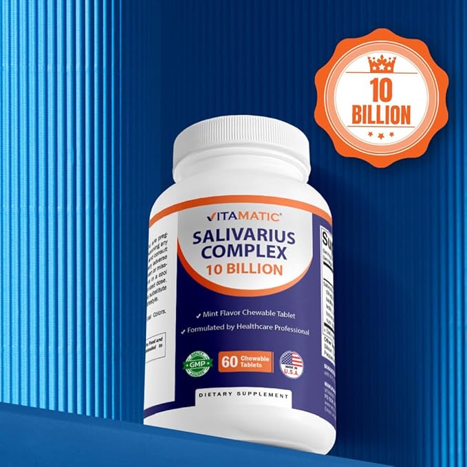 Vitamatic Salivarius Complex 10 Billion Chewable Mint Flavored Tablet - 60 Count - Oral Health Chewable Probiotics + Prebiotics - Supports Healthy Teeth, Gums, & Better Breath (Pack of 2)