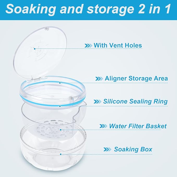 Retainer Cleaner Case,Double Layer No-Leak Denture Cup for Soaking Dentures, Denture Bath for Invisalign Aligner,Retainers,Mouth Guard,Night Guard (Transparent)