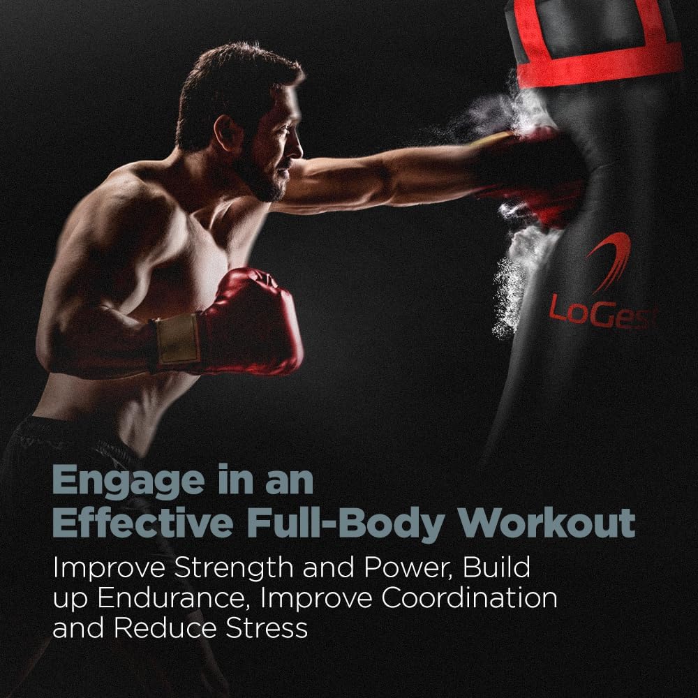 LoGest Boxing Bag - Hanging Punching Bag Sports Training Equipment - MMA, Karate, Judo, Muay Thai, Kickboxing - Hanging or Freestanding - Unfilled Max Capacity 100 Lbs - Heavy Punching Bag