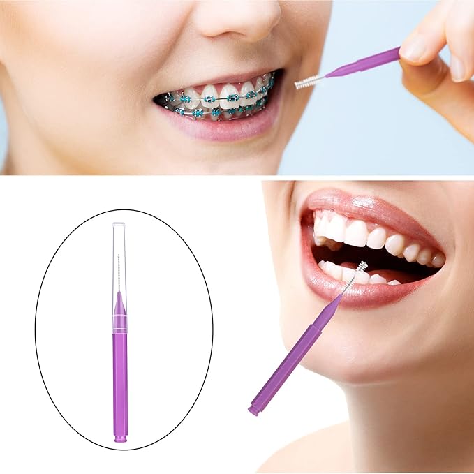 Patelai 50 Pieces Interdental Brush for Cleaner Braces Brush Toothpick Dental Tooth Flossing Head Oral Dental Hygiene Flosser Toothpick Cleaners Tooth Cleaning Tool(Purple)
