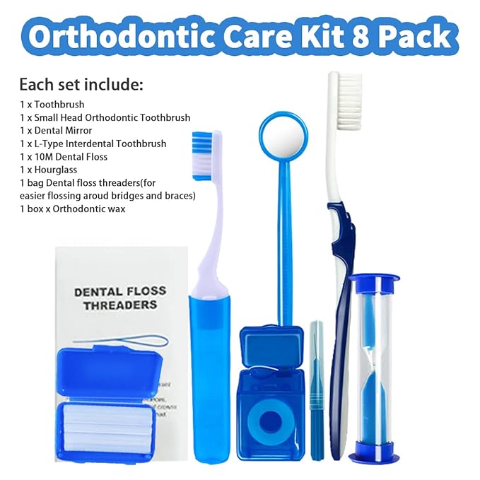 Braces Cleaning Kit for Teeth, Portable Orthodontic Toothbrush Kit Oral Care Dental Travel Kit - Interdental Brush Dental Wax Dental Floss Toothbrush Box (Blue)