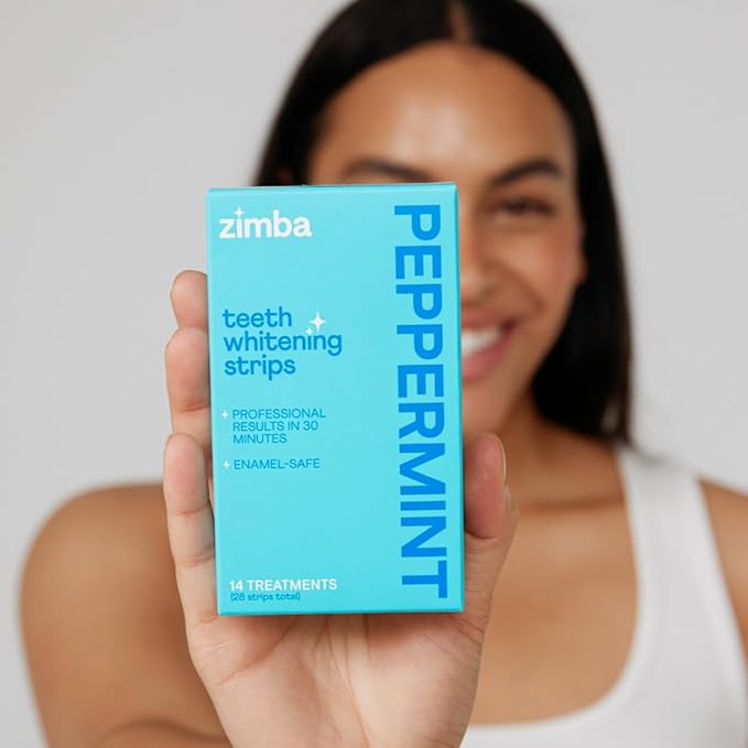 Zimba Peppermint Flavored Teeth Whitening Strips | Vegan, Enamel Safe Hydrogen Peroxide Teeth Whitener for Coffee, Wine, Tobacco, and Other Stains | 14 Day Treatment | Peppermint