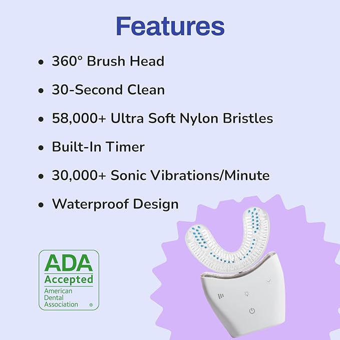 autobrush Sonic Pro Electric Toothbrush – Only ADA Accepted U-Shaped Brush, Clinically Proven Up to 5.1X Better Cleaning, 30-Second Full Mouth 360 Clean, Rechargeable, Waterproof, White, Women's Small