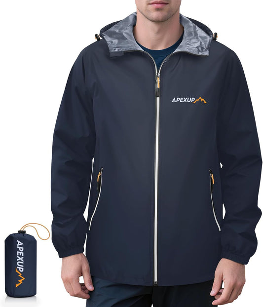 APEXUP Packable Rain Jacket Men with Reflective Zipper, Lightweight Waterproof Raincoat, Mens Rain Jacket for Outdoor Sports