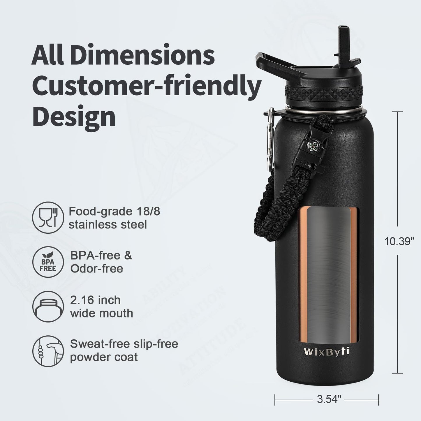 40 oz Insulated Water Bottle with Straw (Cold for 48 Hrs), Stainless Steel Triple Wall Vacuum Sports Water Jug, Leakproof Hydro Cup Flask with Paracord Handle & Straw Spout Lids & DIY Stickers