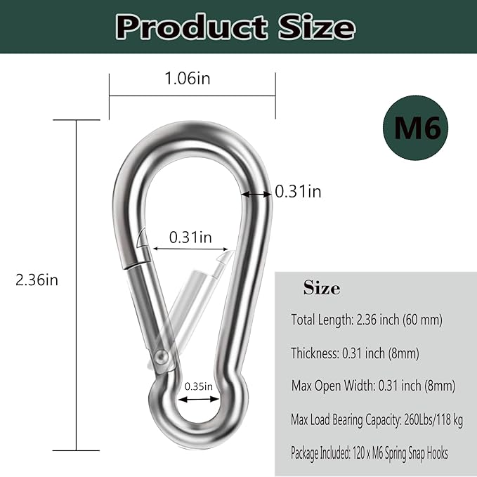 M6 Spring Snap Hook Carabiners, Carabiner Clip, Heavy Duty Galvanized Steel Spring Clip, Quick Link Key Chain for Swing Hammock Gym Outdoor, Holding Capacity