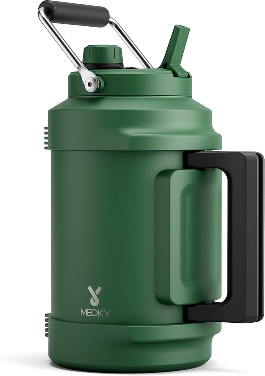 1 Gallon Insulated Water Bottle for Hiking: Meoky 128 oz Triple Wall Vacuum Stainless Steel Metal Water Jug - Top and Side Handles, Cold for 48 Hrs, 2-in-1 Straw and Spout Lid, Leakproof for Gym (Fir)