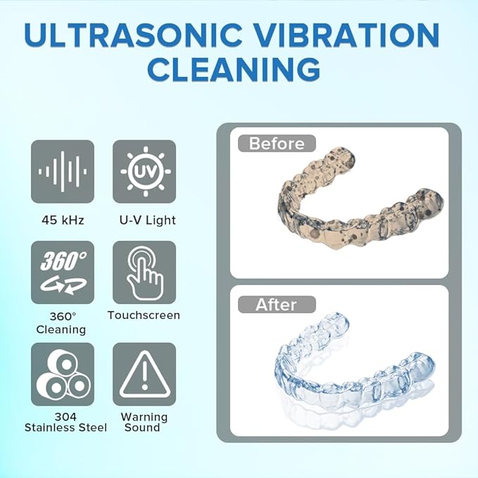 Ultrasonic Retainer Cleaner 45kHz Dental Cleaning Machine With 6 U/V Lights Adjustable Buzzer Alarm 200ML Capacity White