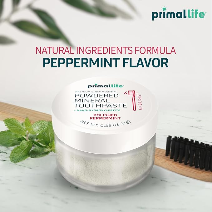 Primal Life Organics - Dirty Mouth Toothpowder, Tooth Cleaning Powder, Flavored Essential Oils with Natural Kaolin & Bentonite Clay, Good for 200+ Brushings, Organic, Vegan (Peppermint, 0.25 oz)