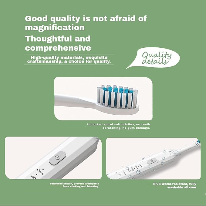 Electric Toothbrush for Adults, 5 Modes USB Rechargeable with 2 Extra Brush Heads, 66000 RPM Sonic Toothbrush with 2-Minute Timer, IPX7 Waterproof, Soft Bristles (Green)