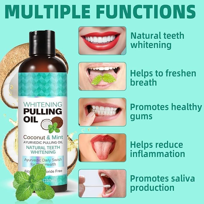 Coconut Oil Pulling for Fresh Breath and Oral Hygiene - Ayurvedic Expert Formulated | Supports Healthy Gums | Natural Teeth Whitening - Includes Tongue Scraper and Measuring Cup - 8 fl. oz
