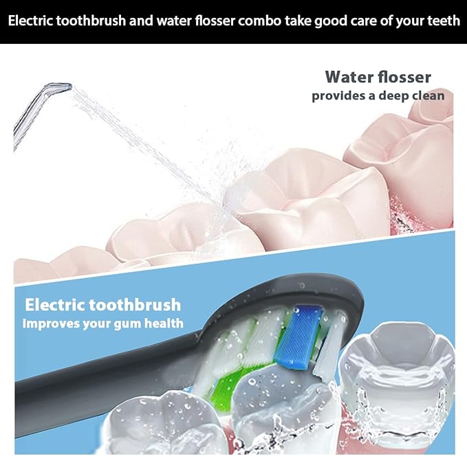 2-1 Oral Clean Kit- Water Dental flosser & Electric Toothbrush Combo- Brushing & Flossing- for Teeth Cleaning and Gum Health (Black)