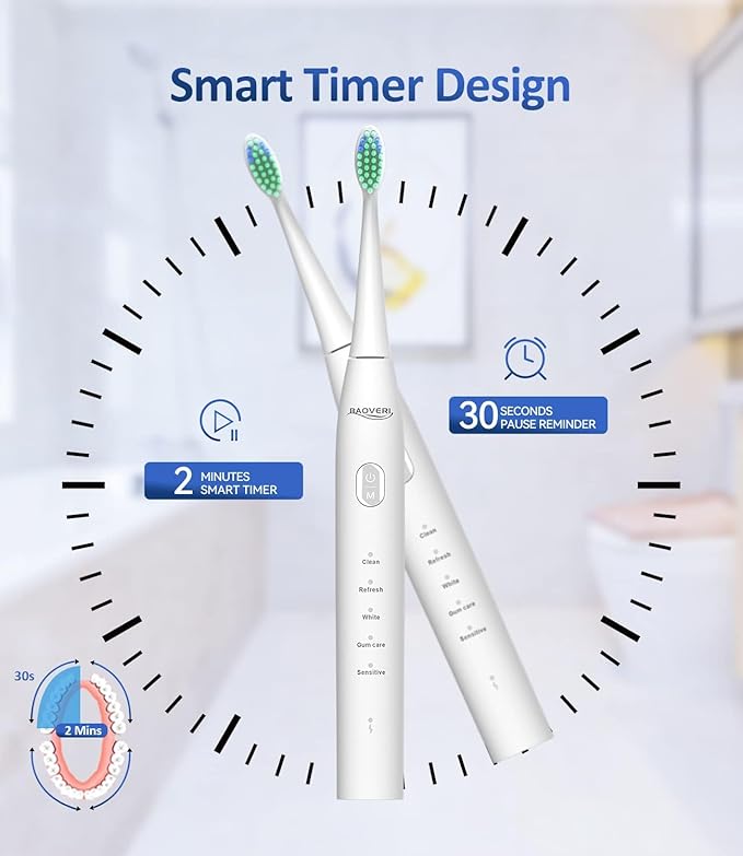 BAOVERI Electric Toothbrush with 6 Dupont Brush Heads, Rechargeable Ultrasonic Electric Toothbrushes, IPX7 Waterproof, 5 Modes, 2 Minutes Smart Timer, 4 Hours Fast Charge for 60 Days