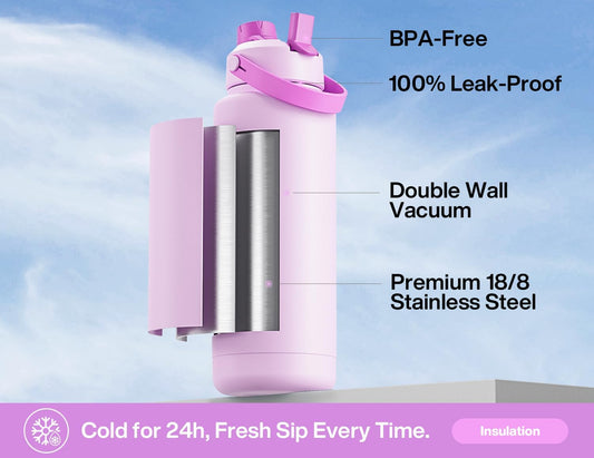 40 oz Insulated Water Bottle with 2-in-1 Straw and Spout Lid, Keep Cold 24H, Leak-Proof, BPA-Free, Double Wall Stainless Steel Water Bottle for Sports, Gym, Travel, and School (Misty Lilac)