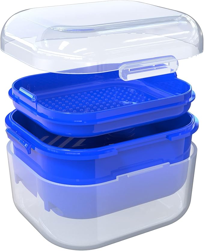 ARGOMAX Denture Case, Denture Cup for Soaking Dentures, Thorough Cleaning of Dentures, Retainer, Clear Braces (Clear Case + Dark Blue Filter and Tray).