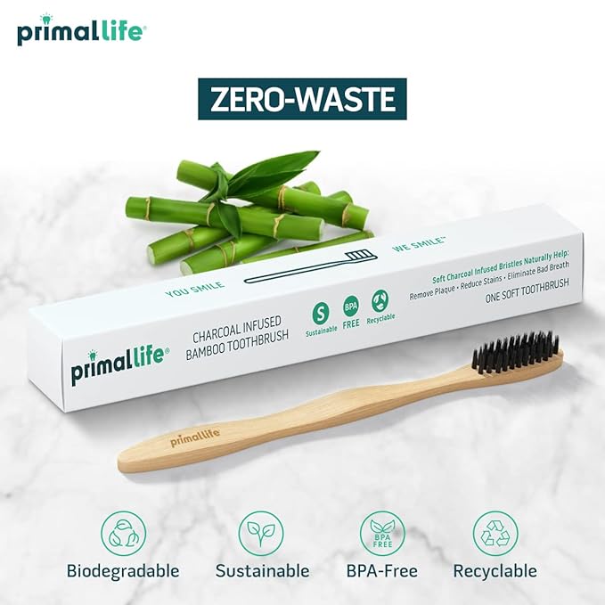 Primal Life Organics - Charcoal Toothbrush, Made with Charcoal & Bamboo, Biodegradable, BPA-Free, Perfect for Kids & Adults, Recyclable, Gently Massages Gums & Teeth, Zero Waste Toothbrush, (1-Pack)