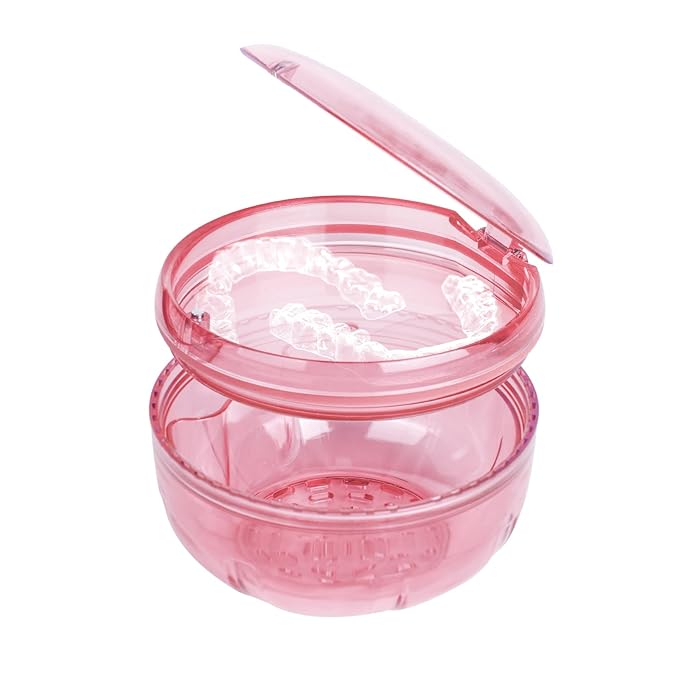 Retainer Cleaner Case,Double Layer No-Leak Denture Cup for Soaking Dentures, Denture Bath for Aligner,Retainers,Mouth Guard,Night Guard (Pink)