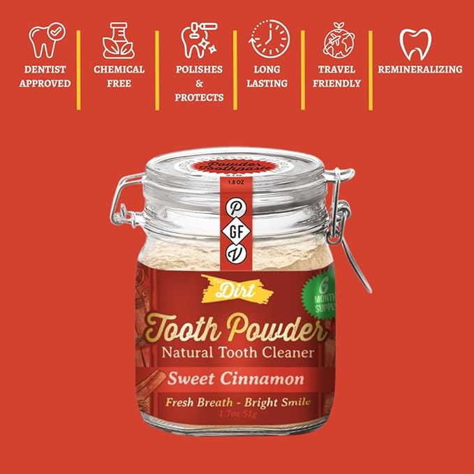 The Dirt - Remineralizing Tooth Powder, Natural Fluoride-Free Teeth Whitening Powder with Hydroxyapatite, Flouride & Gluten Free, Organic Vegan (Sweet Cinnamon, 51g: 6 Month Supply)