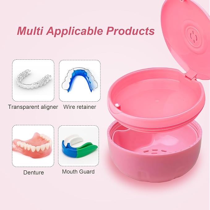 Retainer Cleaner Case,Double Layer No-Leak Denture Cup for Soaking Dentures, Denture Bath for Aligner,Retainers,Mouth Guard,Night Guard Solid Color (Pink)