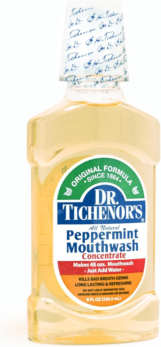 Dr. Tichenor's Peppermint Mouthwash Concentrate - Oral Rinse for Bad Breath and Oral Health with a Minty Punch for Soothing Relief of Minor Sore Throat Irritation - 8 Ounce (Pack of 1)