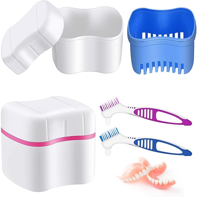 BTwood Denture Bath Kit – Includes 2 Denture Bath Cups, 2 Denture Cleaner Brushes, and 2 Strainer Baskets – Ideal for Dentures, Retainers, and Mouthguards