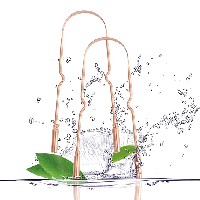 Copper Tongue Scraper (2 Pack), Tongue Cleaner for Reduce Bad Breath, Tongue Scrapers for Adults & Kids, 100% Copper Metal Tongue Scrubber Set for Oral Care & Easy to Use (round-bead)