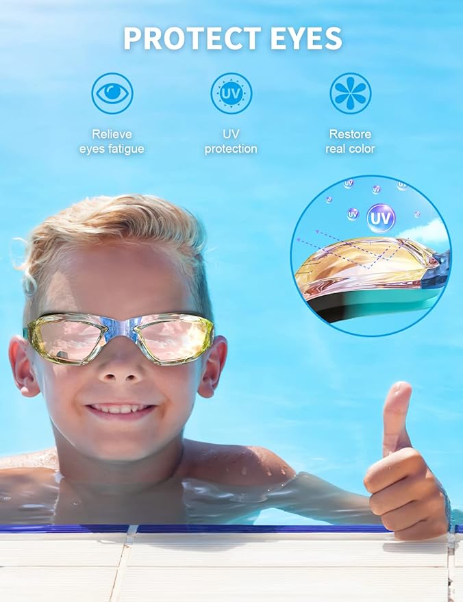 Kids Swim Goggles, Swimming Goggles for Kids with Nose Clip, Earplugs, Nose Bridge for Age 3-15
