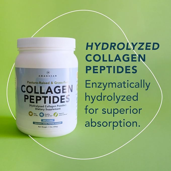 AMANDEAN Collagen Peptides Powder (17.6oz). Grass-Fed Hydrolyzed Protein Supplement. Promotes Healthy Joints, Skin, Hair, Nails. Unflavored & Easy to Mix.