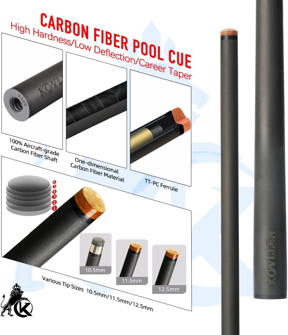 KONLLEN Carbon Fiber Pool Cue Stick Low Deflection Hand-Made Inlay Billiard Cue Ultra-Smooth Professional Feeling Billiard Pool Cue Sticks for Adults