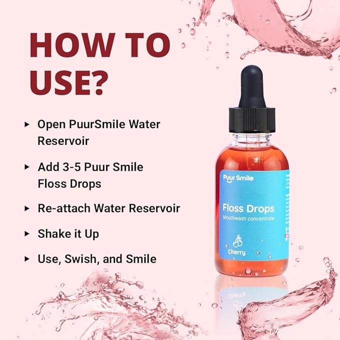 Concentrated Floss Drop Serum – 2oz Concentrated Mouth Wash to Use in Water Flosser | Natural Essentials Promotes Good Breath | Organic Drop Provides Good Oral Health (Cherry Flavor)